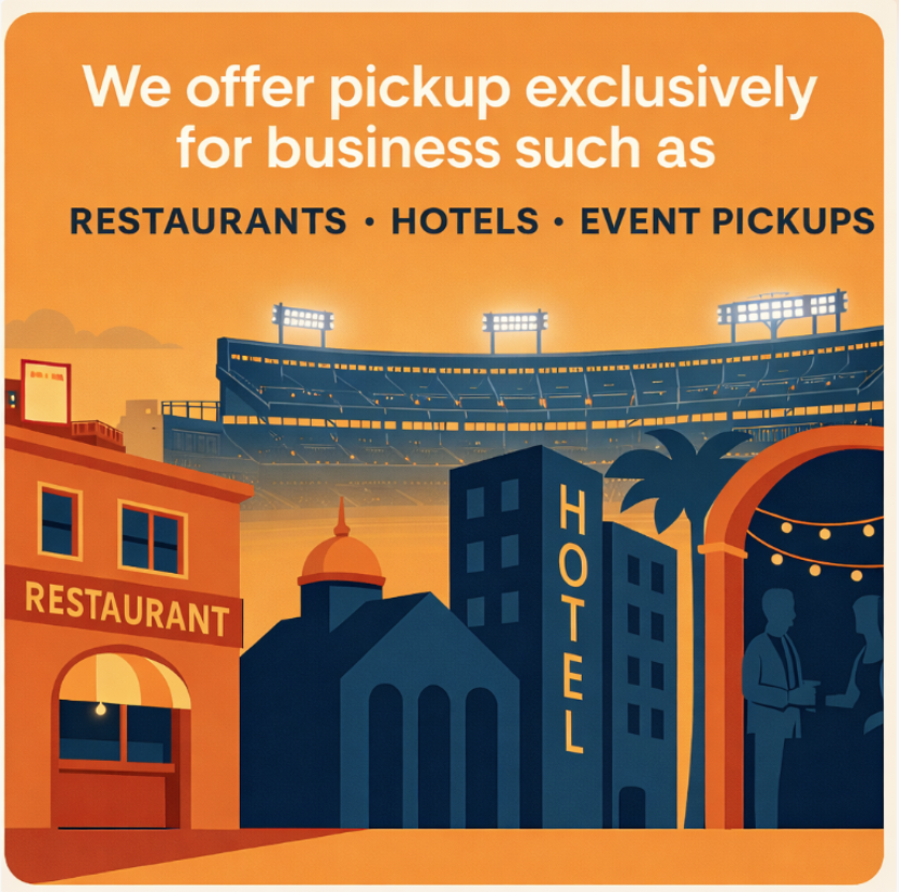 Business pickup services illustration showing restaurants, hotels, and event venues